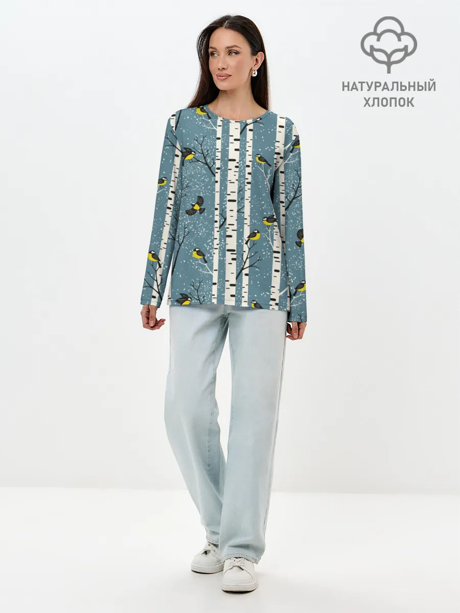 Лонгслив женский. Хлопок / Синички на берёзах