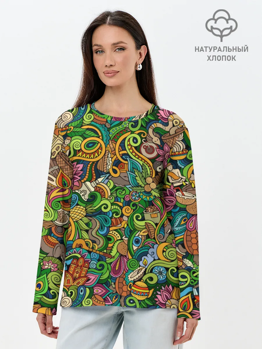 Лонгслив женский. Хлопок / Тибетский коллаж