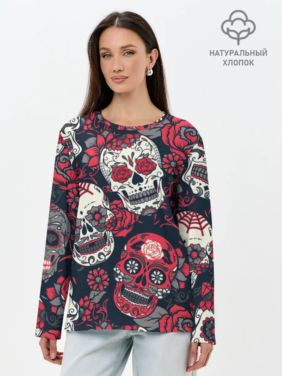 Лонгслив женский. Хлопок / Мексиканские черепа