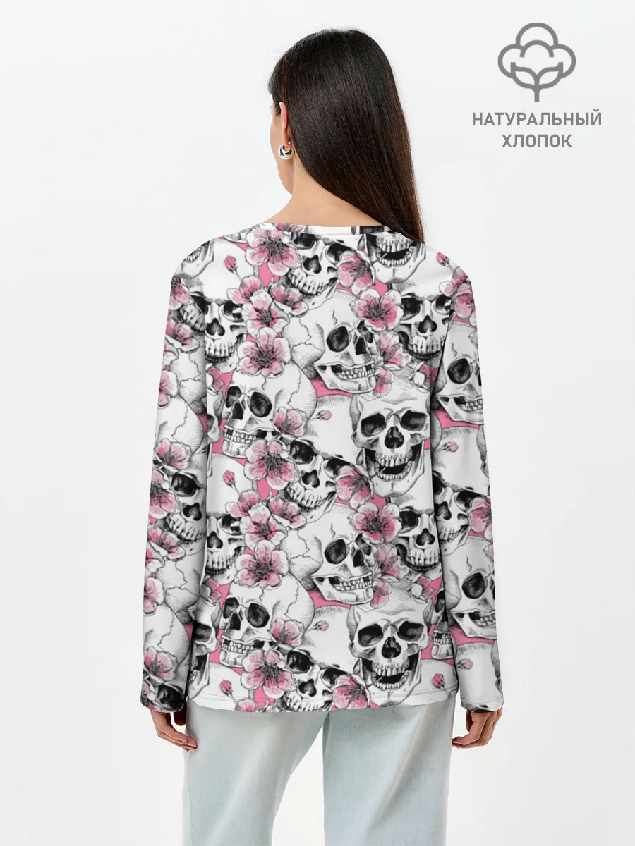 Лонгслив женский. Хлопок / Черепа в цветах