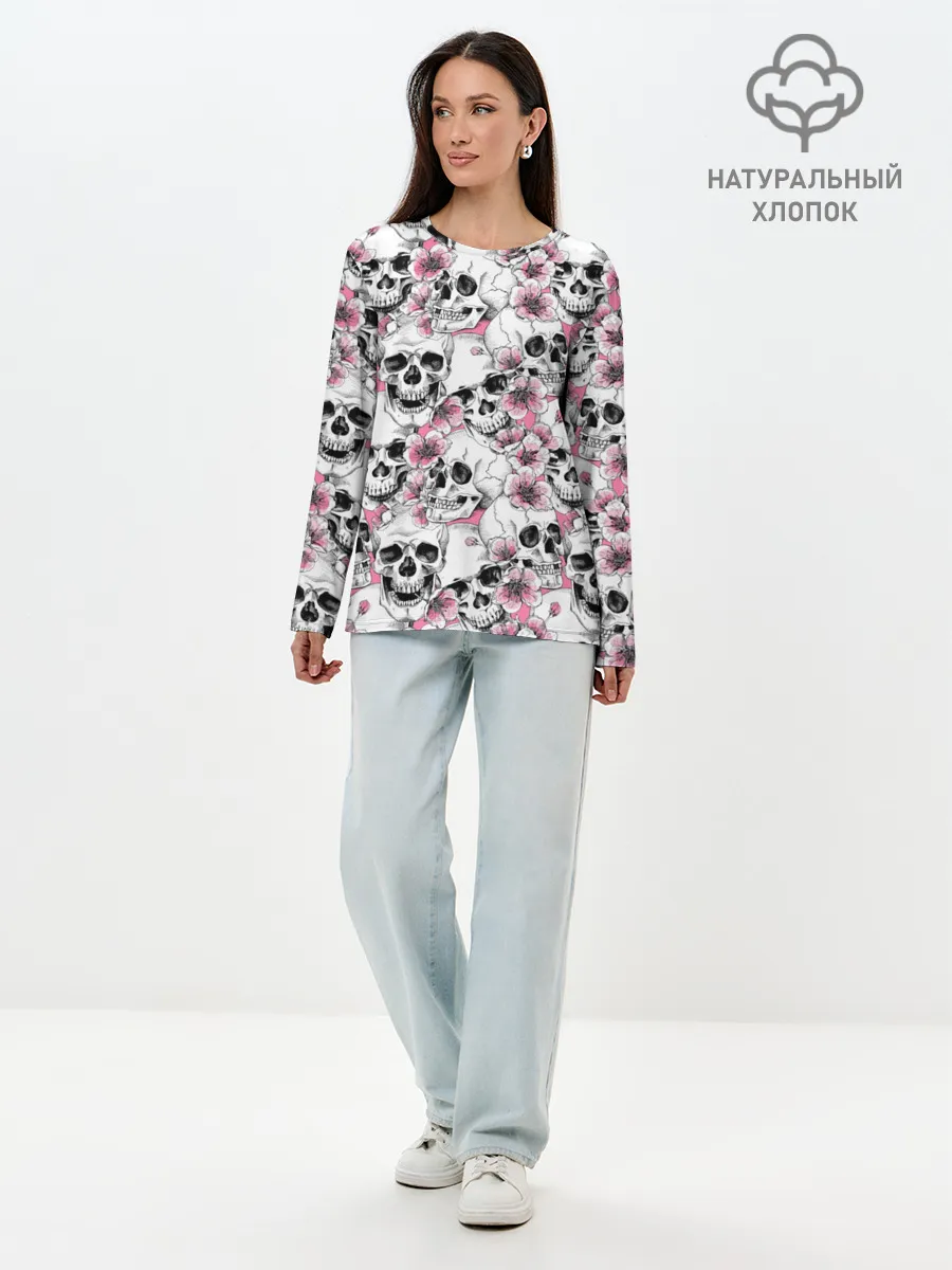 Лонгслив женский. Хлопок / Черепа в цветах