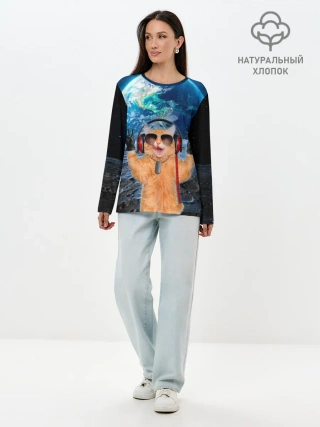 Лонгслив женский. Хлопок / Кот на луне