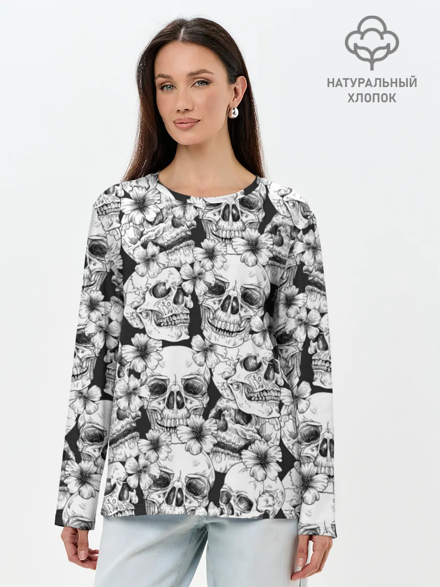 Лонгслив женский. Хлопок / Черепа в цветах