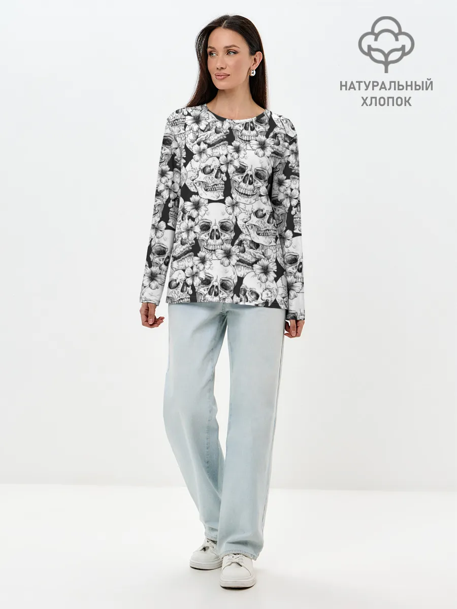 Лонгслив женский. Хлопок / Черепа в цветах