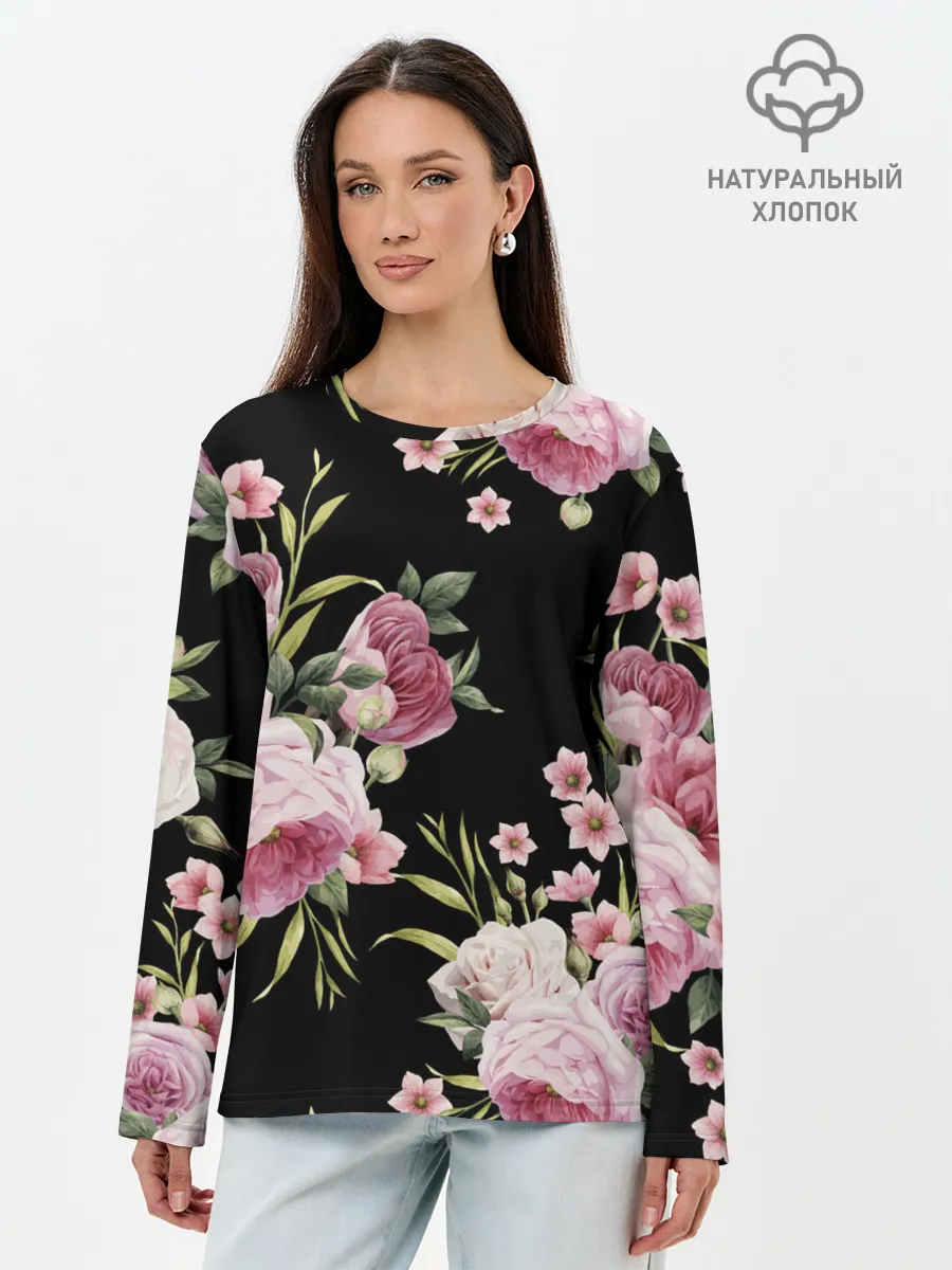 Лонгслив женский. Хлопок / Пионы на Чёрном