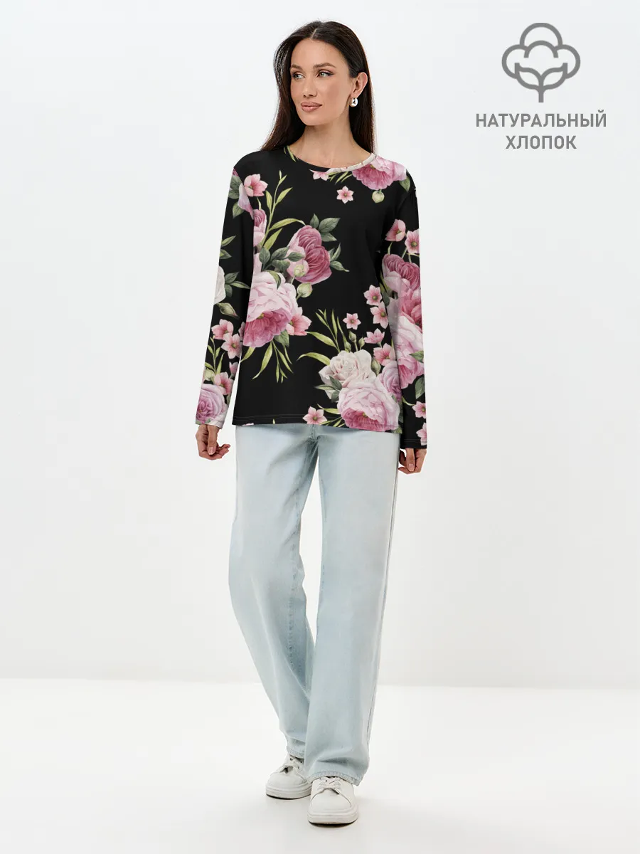 Лонгслив женский. Хлопок / Пионы на Чёрном