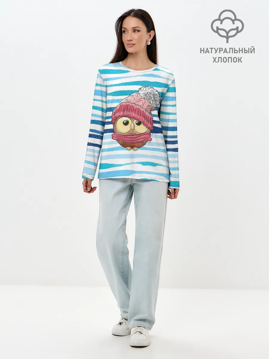 Лонгслив женский. Хлопок / Сова в шапке