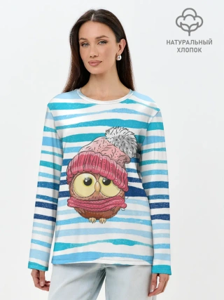 Лонгслив женский. Хлопок / Сова в шапке