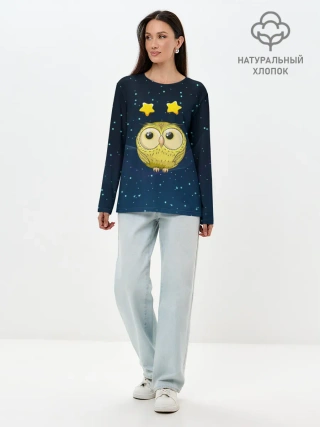 Лонгслив женский. Хлопок / Сова со звездочками