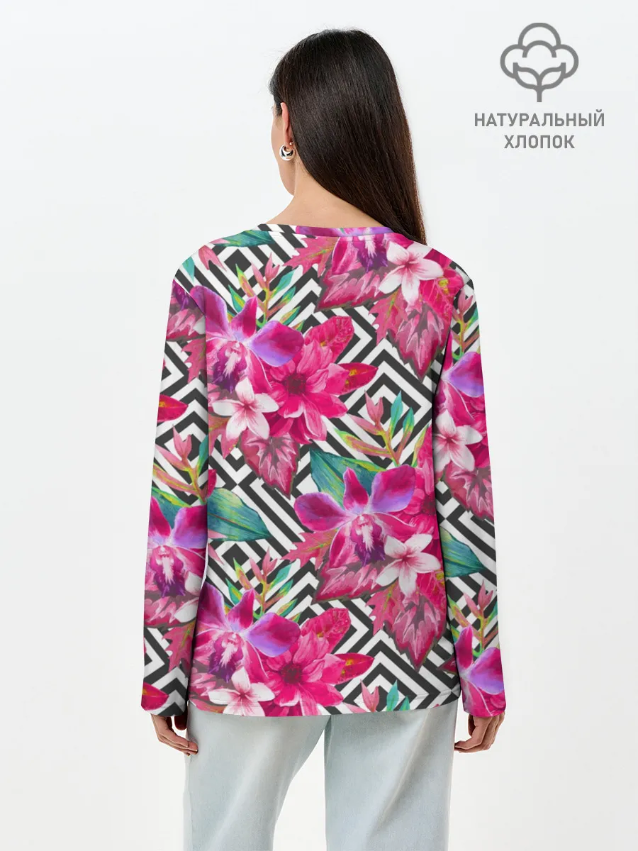Лонгслив женский. Хлопок / Тропические цветы