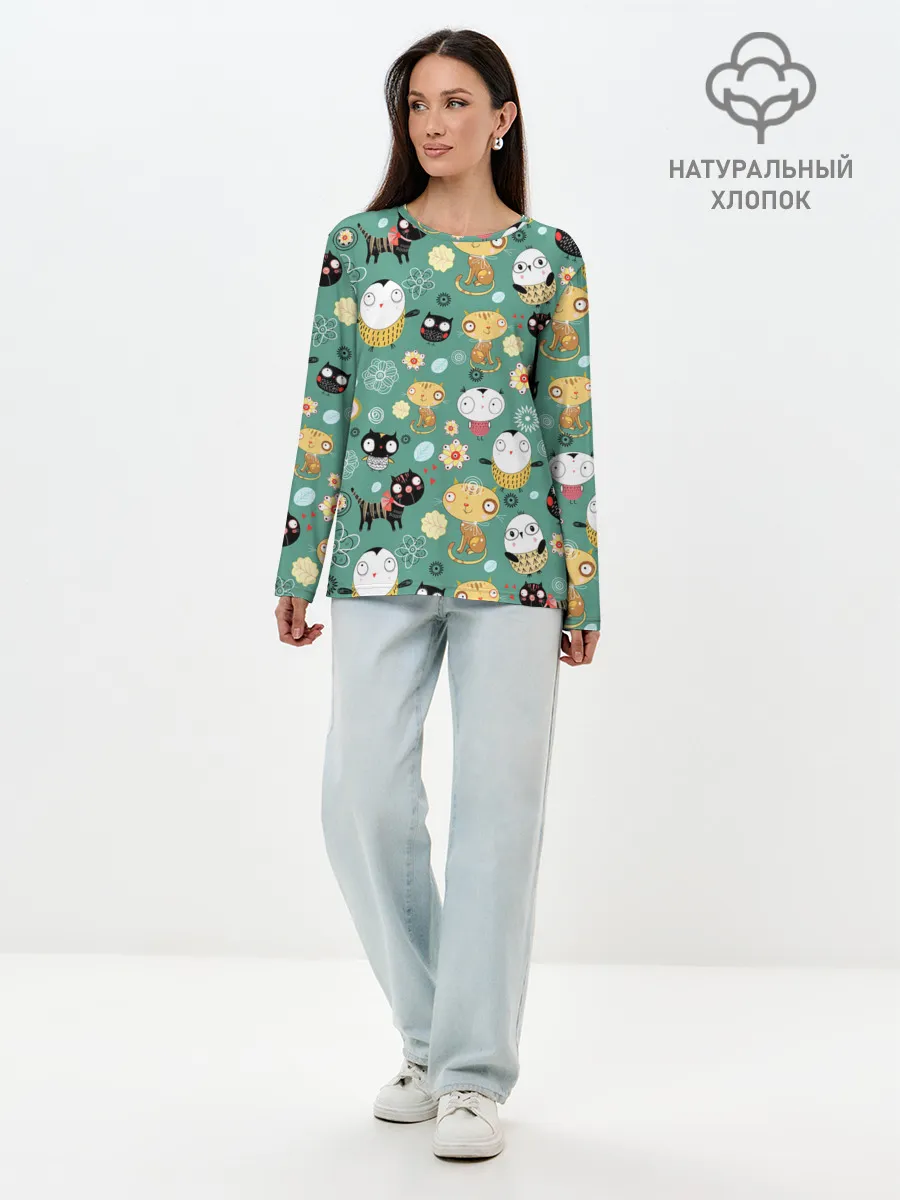 Лонгслив женский. Хлопок / Совы и котики