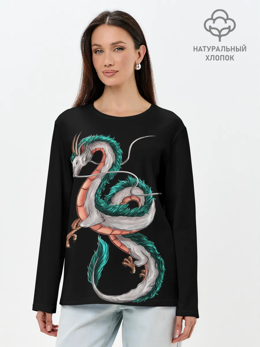 Лонгслив женский. Хлопок / Дракон Хаку на черном фоне