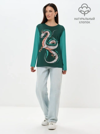 Лонгслив женский. Хлопок / Дракон Хаку зеленый градиент