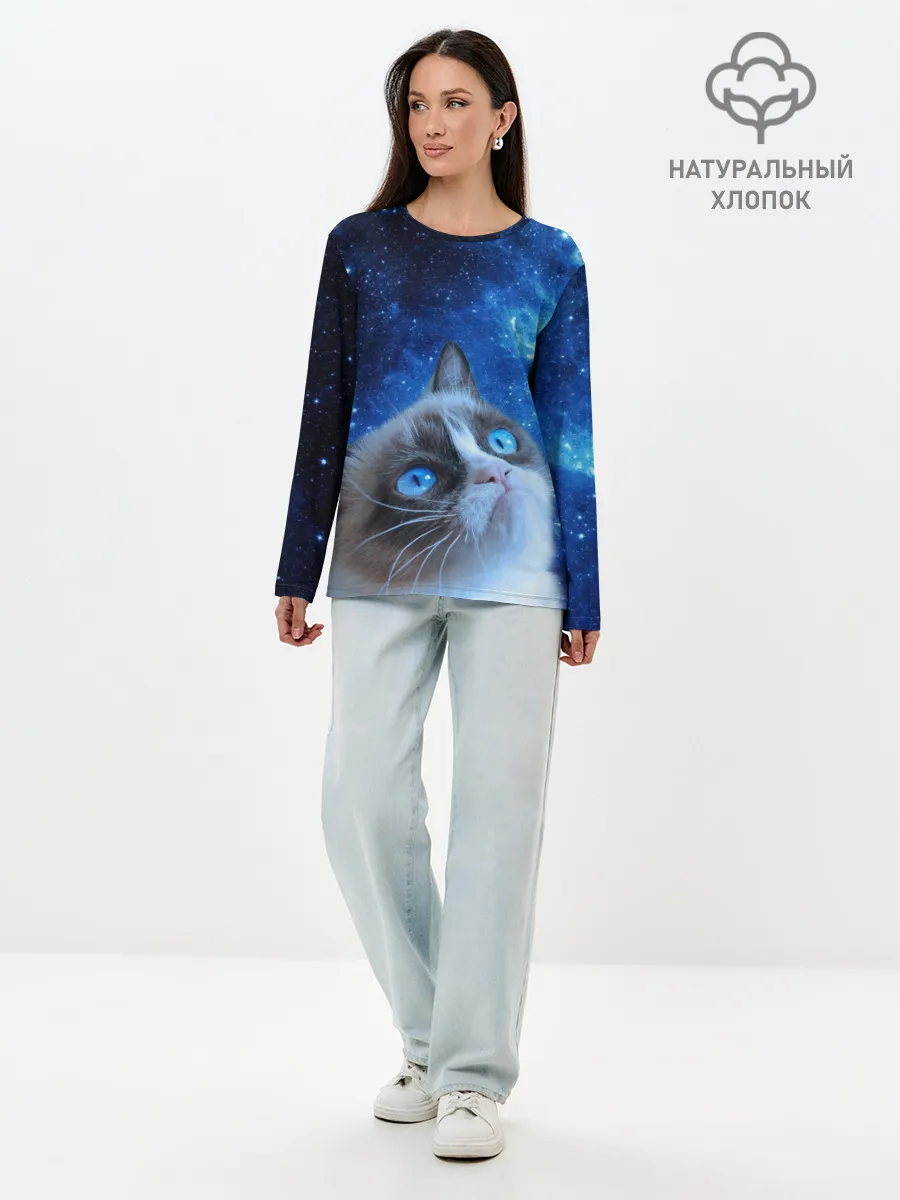 Лонгслив женский. Хлопок / Сердитый кот в космосе