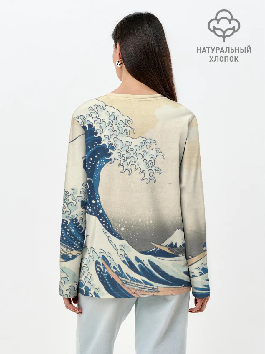 Лонгслив женский. Хлопок / Большая волна в Канагаве
