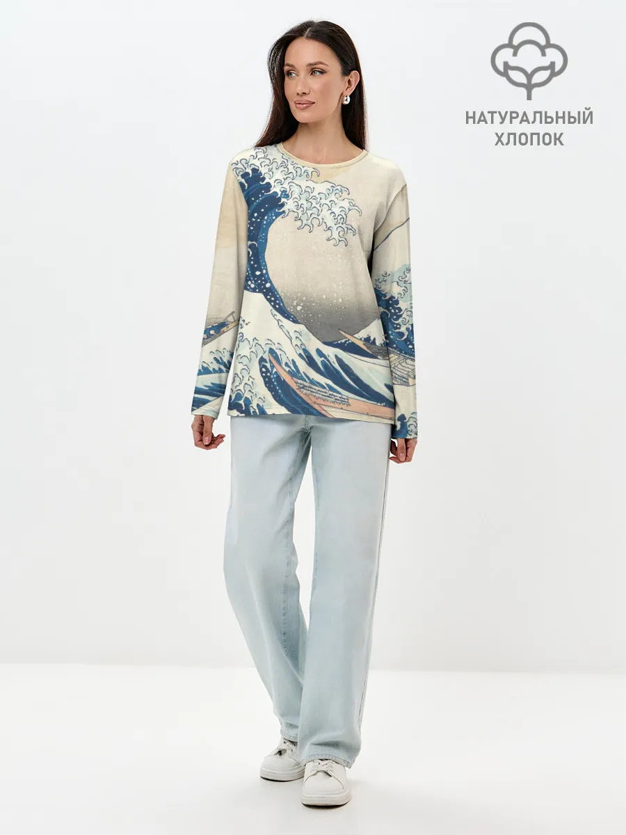 Лонгслив женский. Хлопок / Большая волна в Канагаве