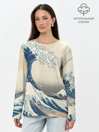 Лонгслив женский. Хлопок / Большая волна в Канагаве