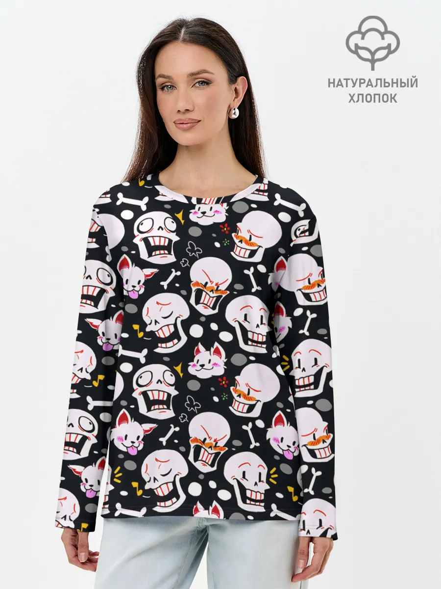 Лонгслив женский. Хлопок / Черепа и Котики