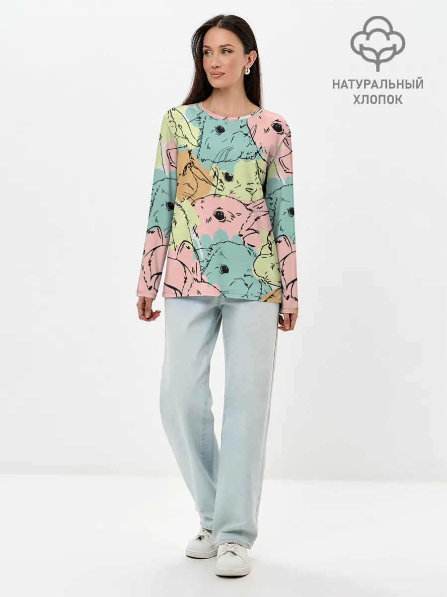Лонгслив женский. Хлопок / Акварельные Зайки