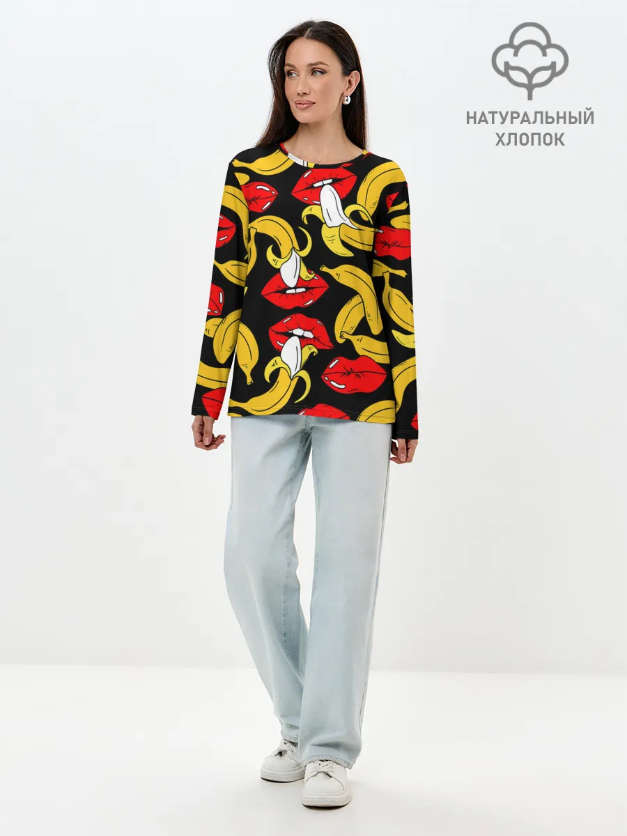 Лонгслив женский. Хлопок / Губы и бананы