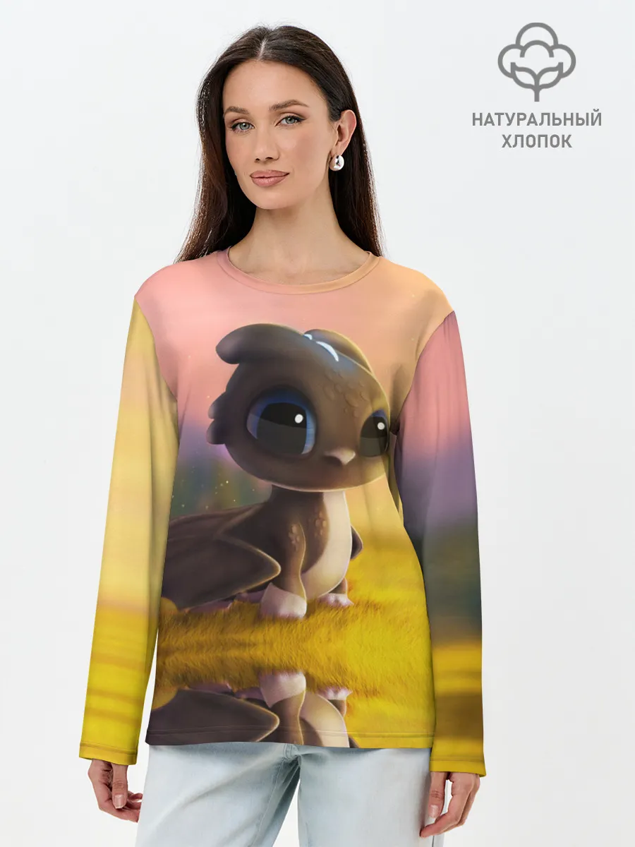 Лонгслив женский. Хлопок / Дракончик на берегу озера