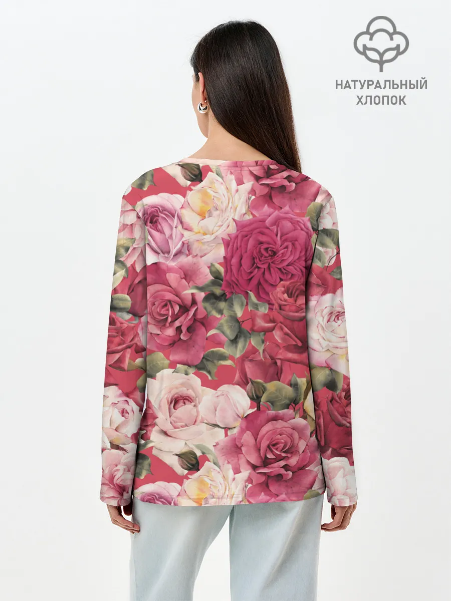 Лонгслив женский. Хлопок / Акварель, розы