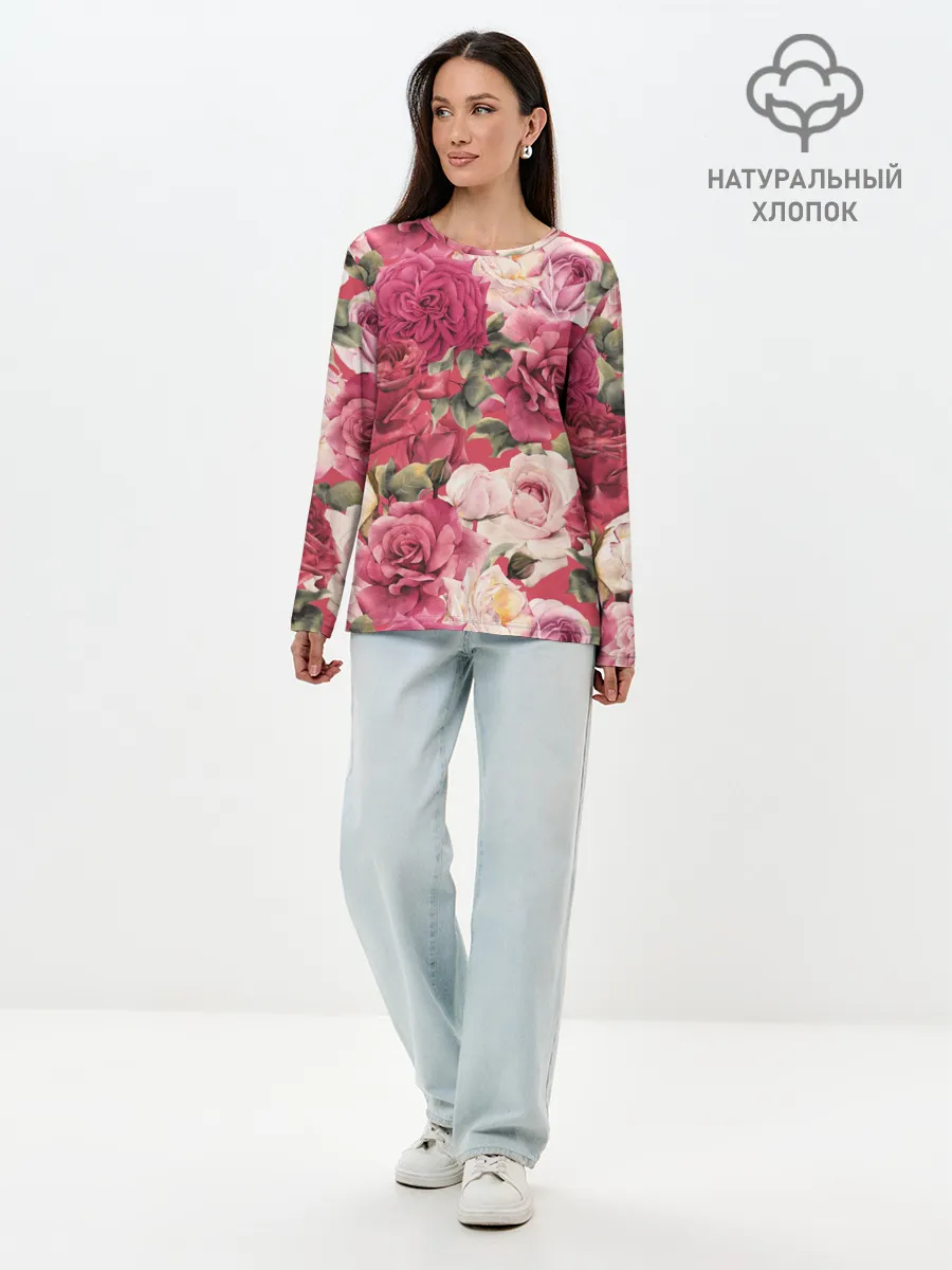 Лонгслив женский. Хлопок / Акварель, розы