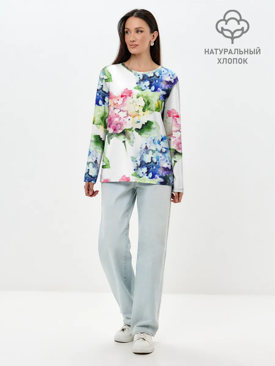 Лонгслив женский. Хлопок / Акварель, гортензии