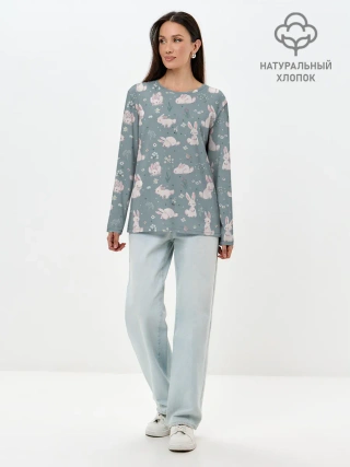 Лонгслив женский. Хлопок / Зайцы на лужайке