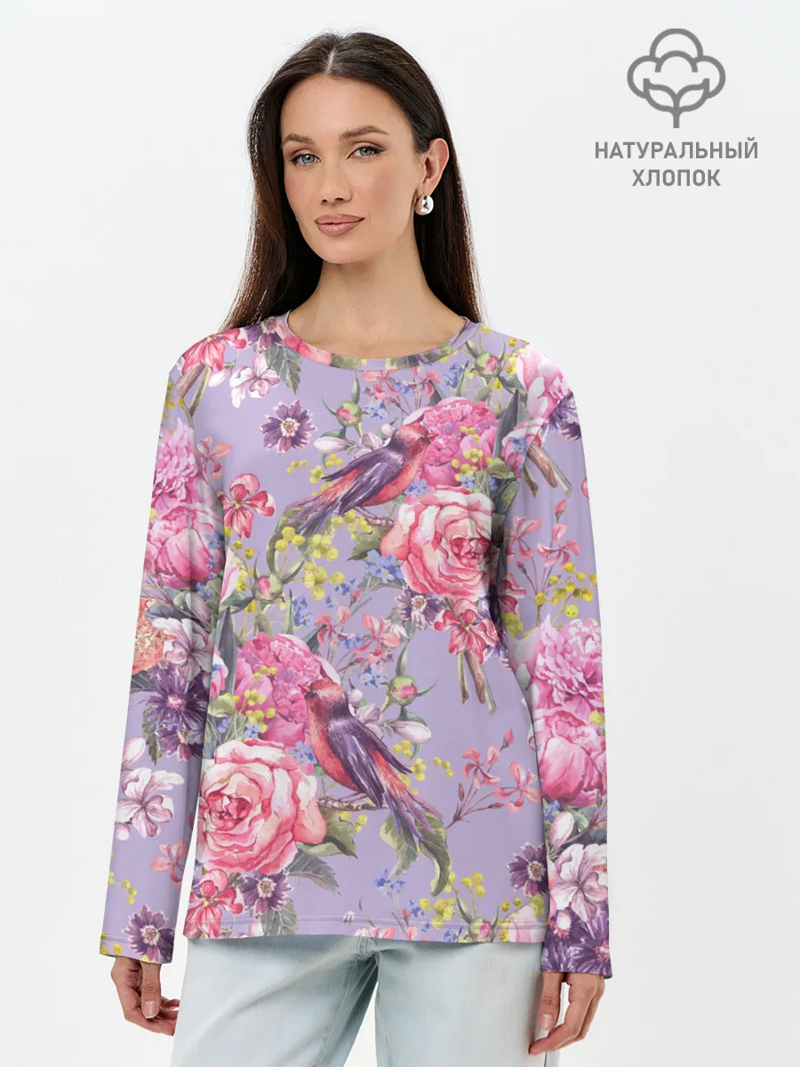 Лонгслив женский. Хлопок / Лилии и розы