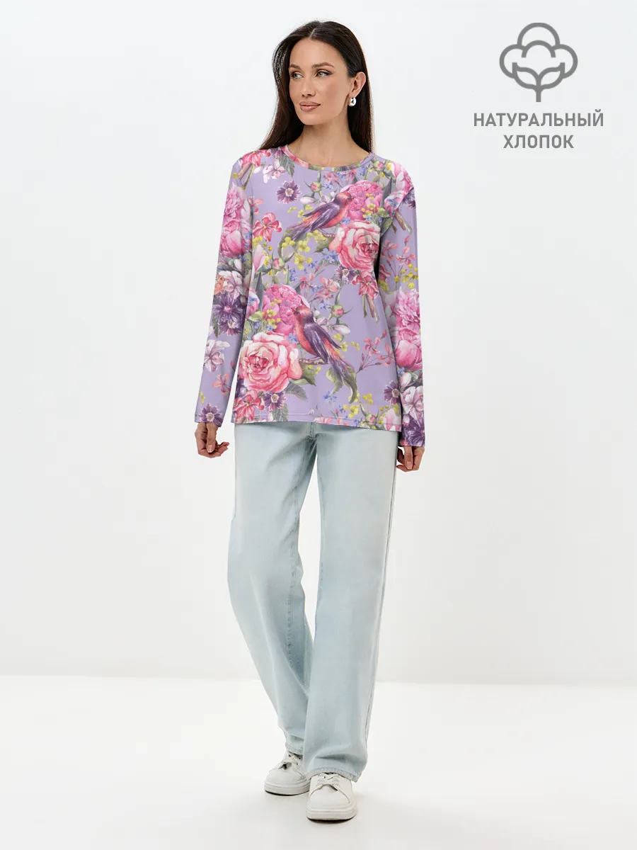 Лонгслив женский. Хлопок / Лилии и розы