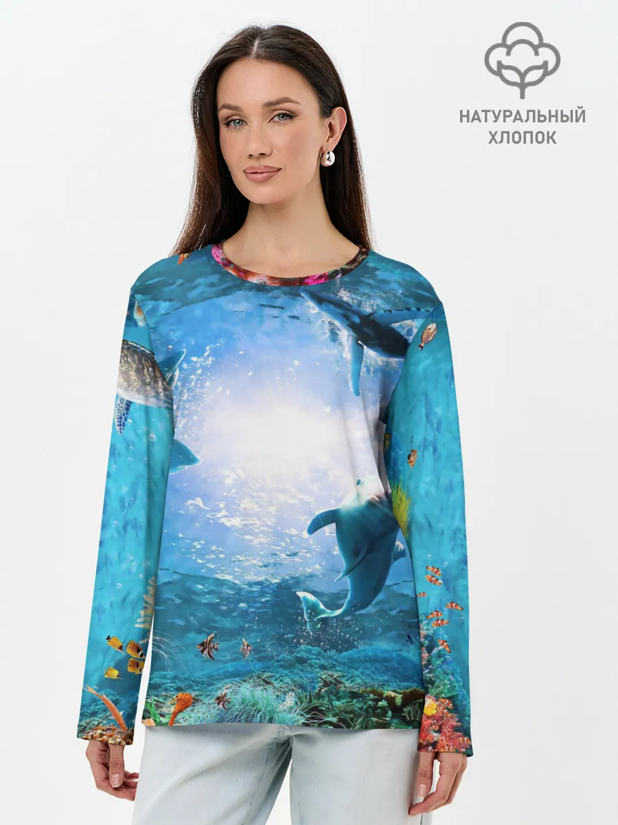 Лонгслив женский. Хлопок / Дельфины