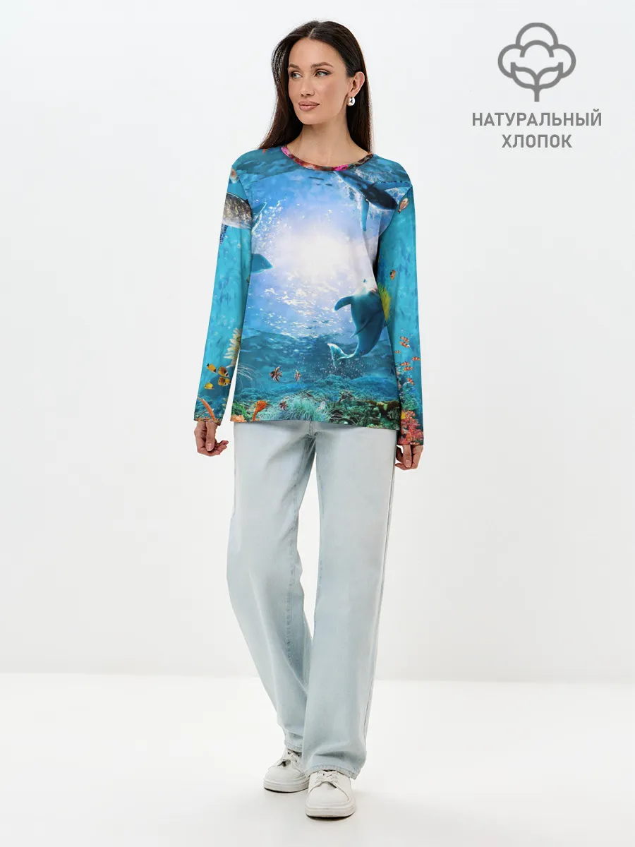 Лонгслив женский. Хлопок / Дельфины