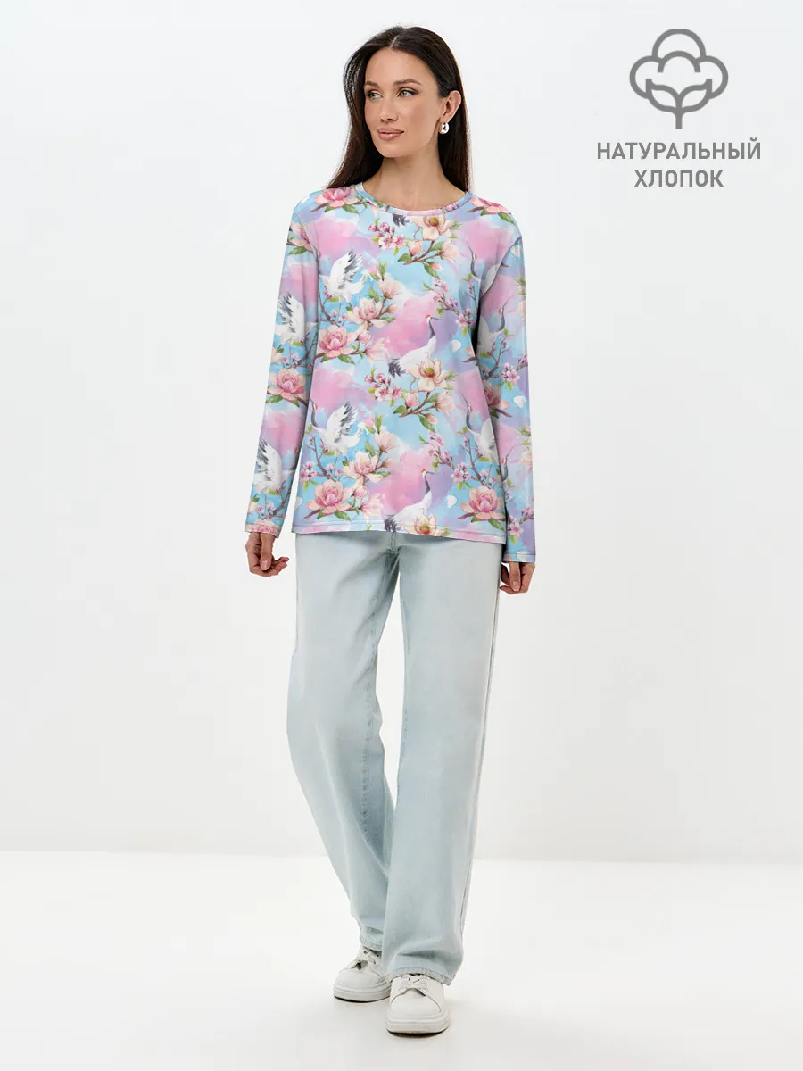 Лонгслив женский. Хлопок / Узор с журавлями