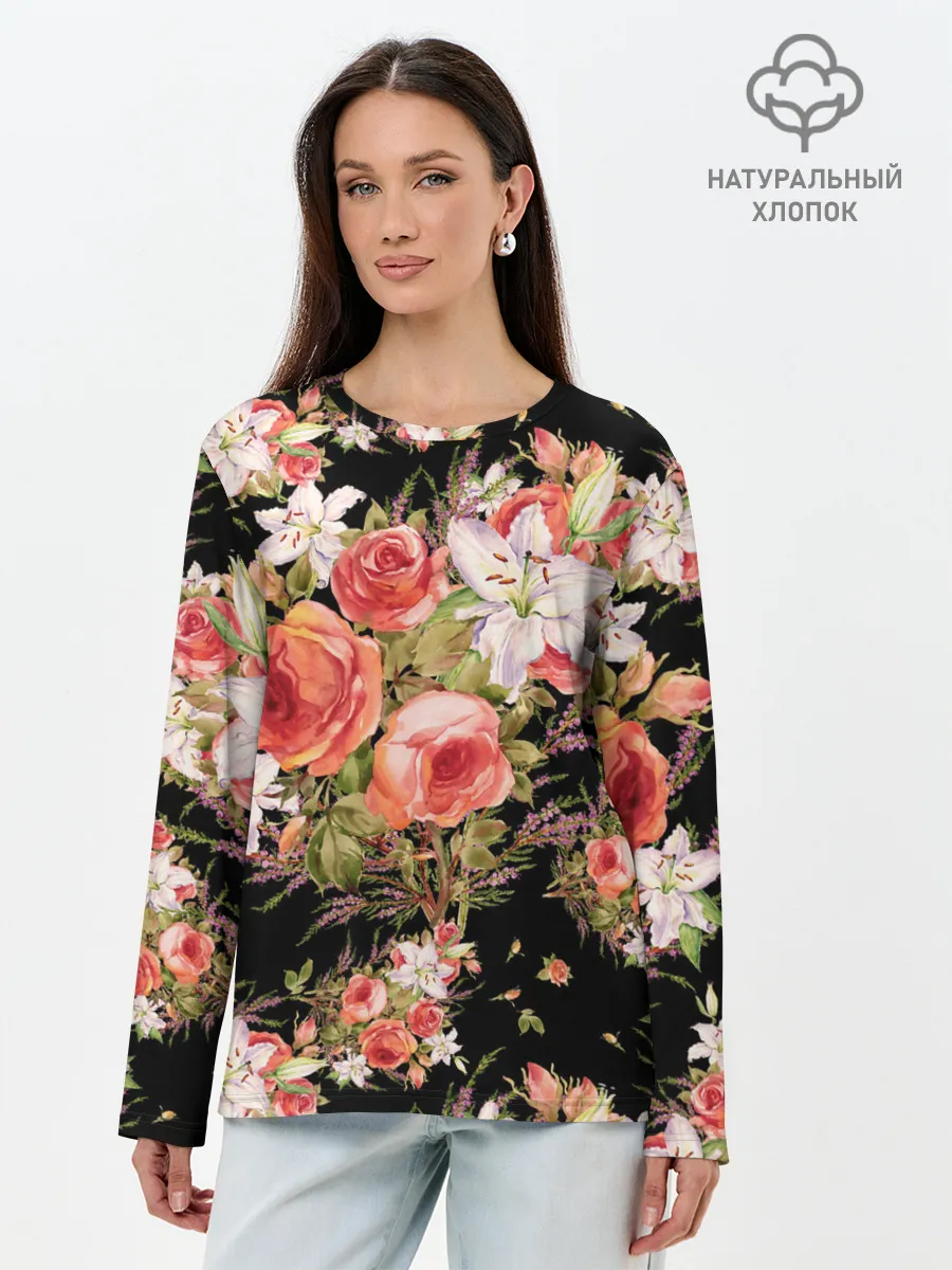 Лонгслив женский. Хлопок / Лилии и розы