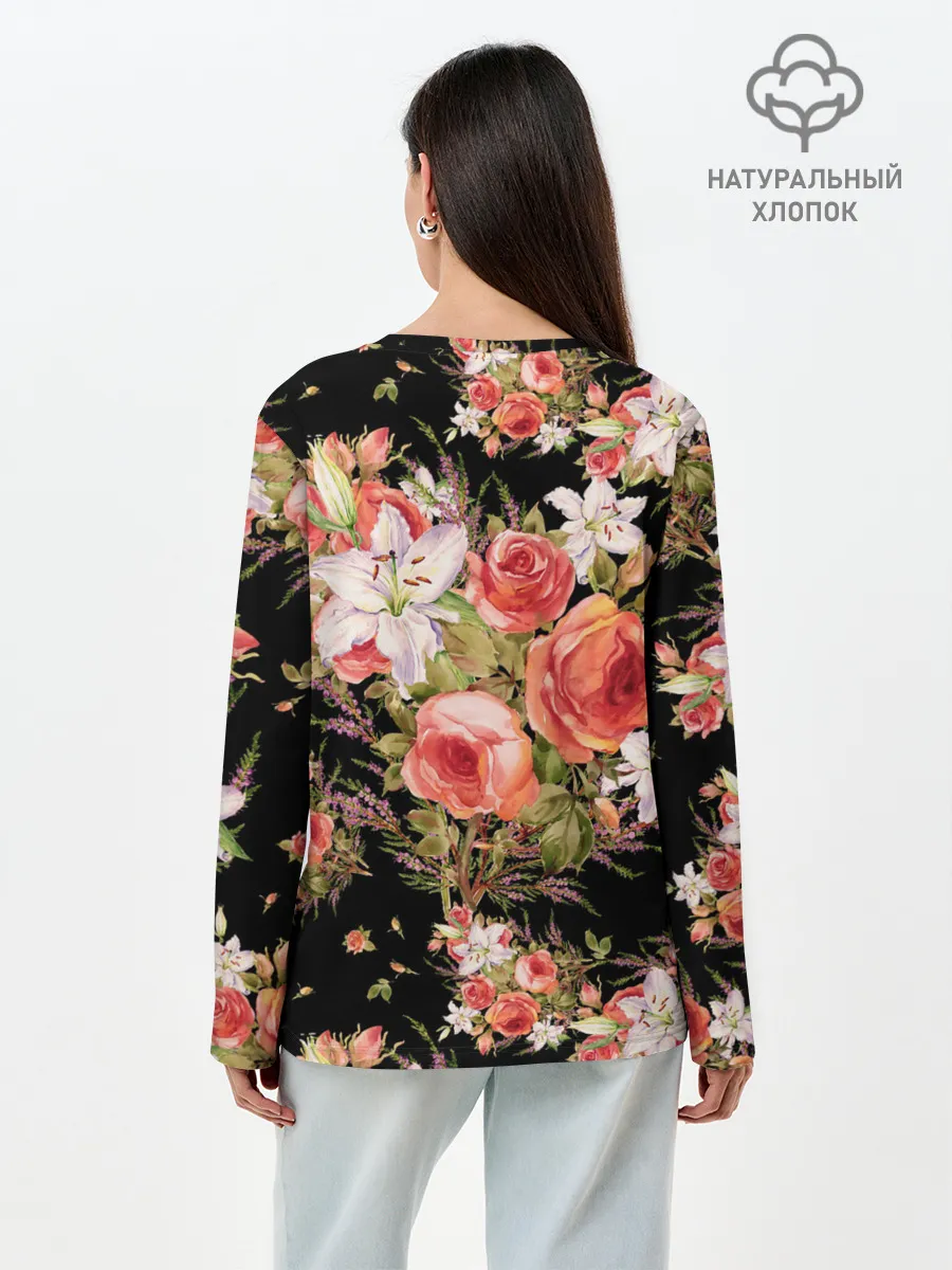 Лонгслив женский. Хлопок / Лилии и розы