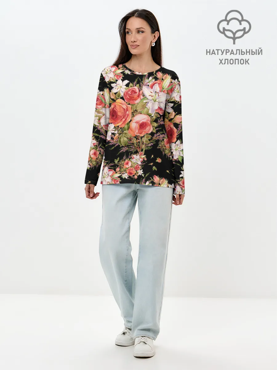 Лонгслив женский. Хлопок / Лилии и розы