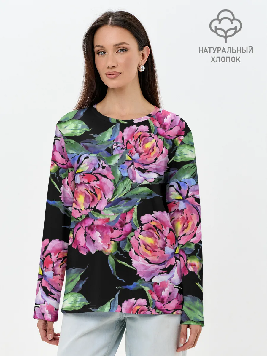Лонгслив женский. Хлопок / Розовые пионы