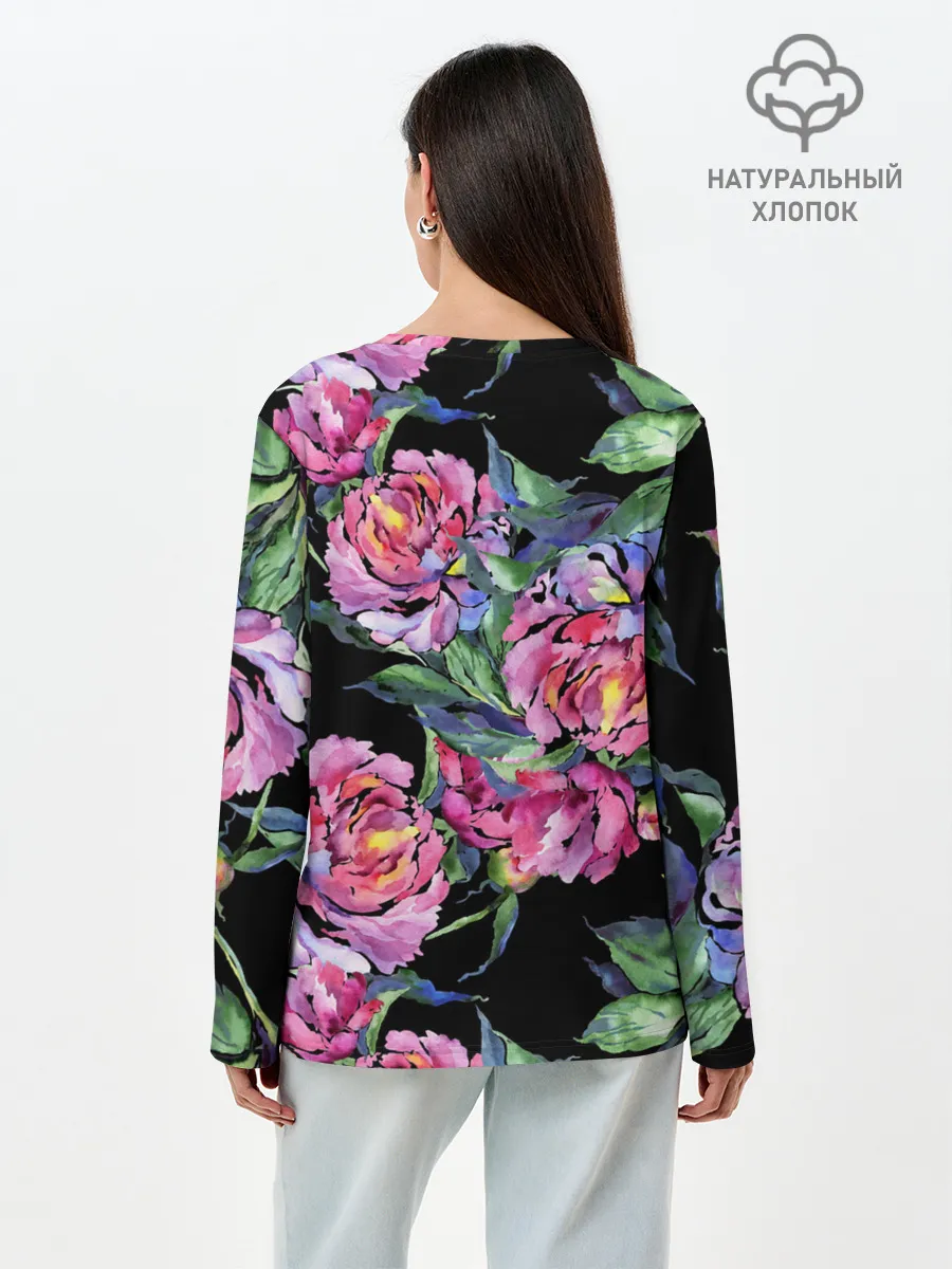 Лонгслив женский. Хлопок / Розовые пионы