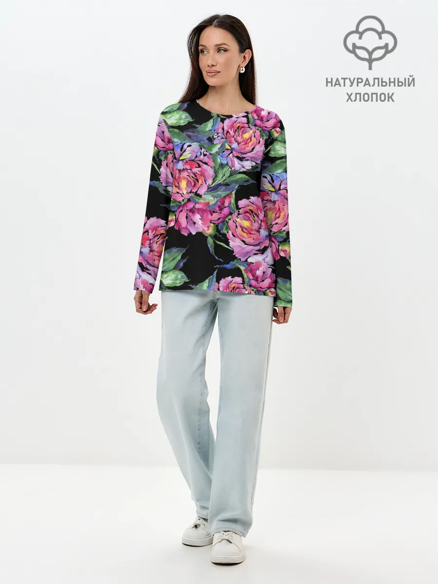 Лонгслив женский. Хлопок / Розовые пионы