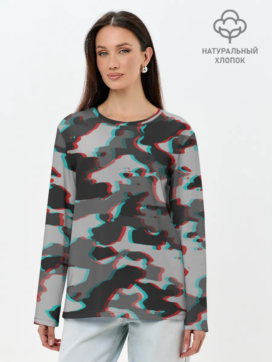 Лонгслив женский. Хлопок / Серый камуфляж