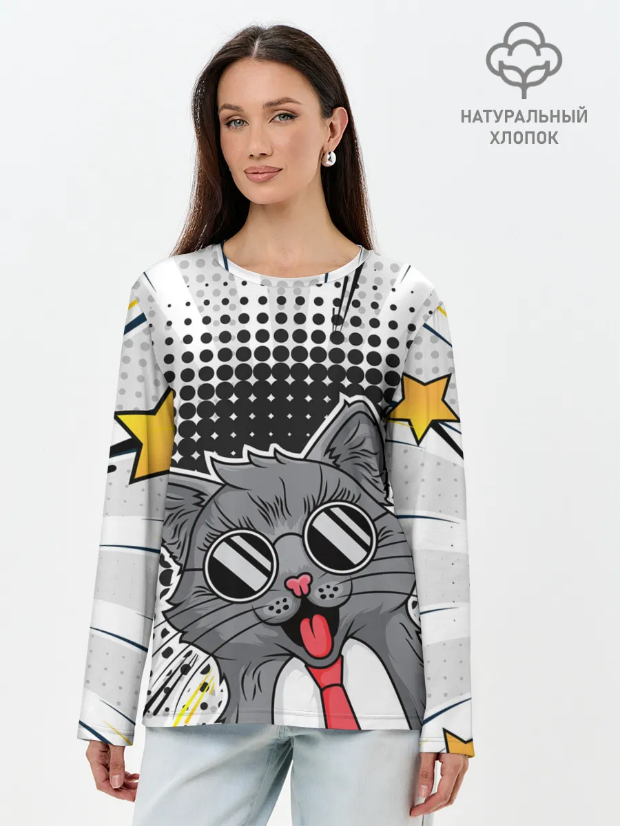 Лонгслив женский. Хлопок / Кот