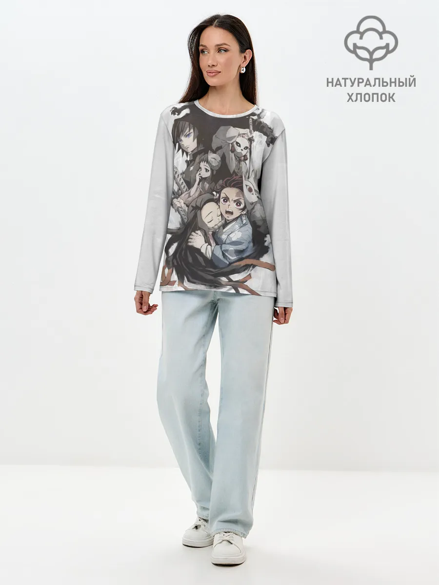 Лонгслив женский. Хлопок / Kimetsu no Yaiba на сером