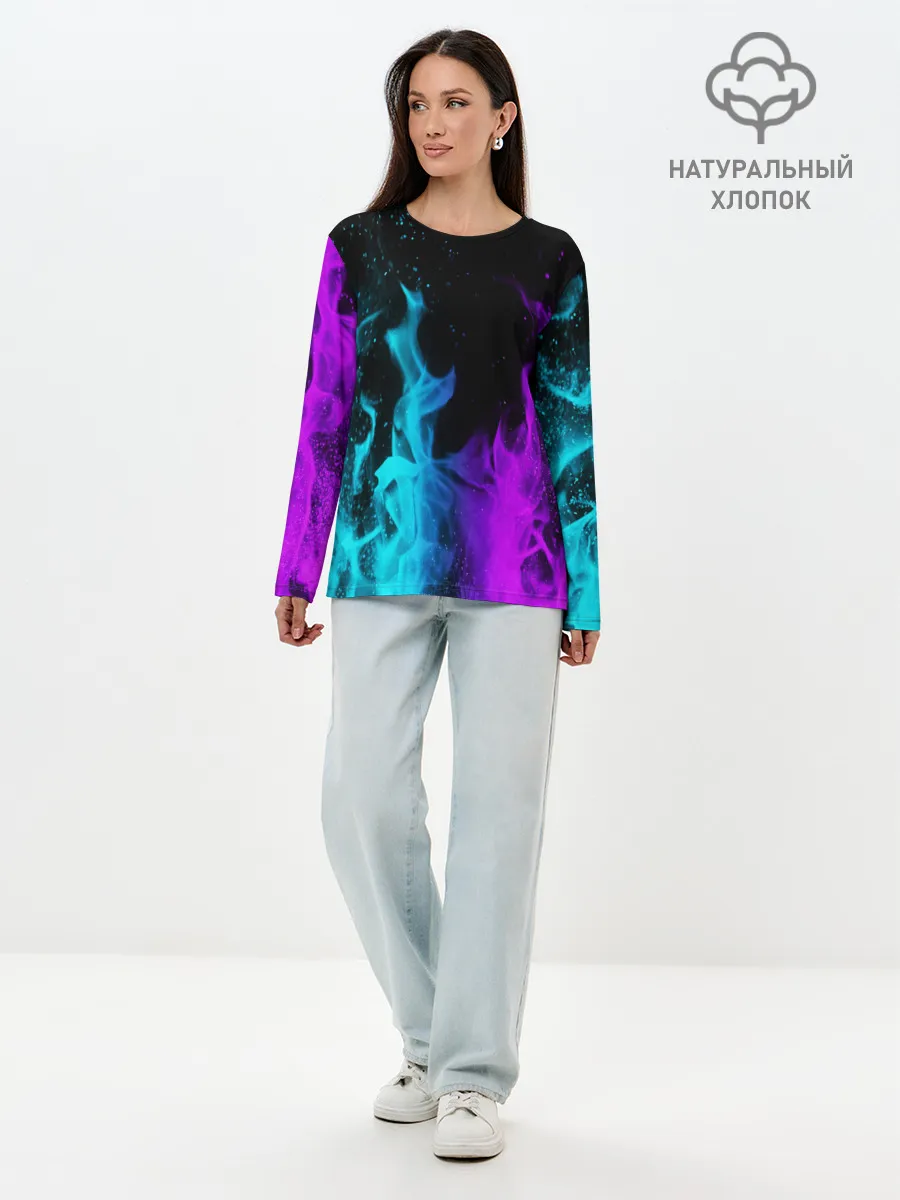 Лонгслив женский. Хлопок / ПЛАМЯ | НЕОНОВЫЙ ОГОНЬ