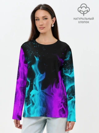 Лонгслив женский. Хлопок / ПЛАМЯ | НЕОНОВЫЙ ОГОНЬ