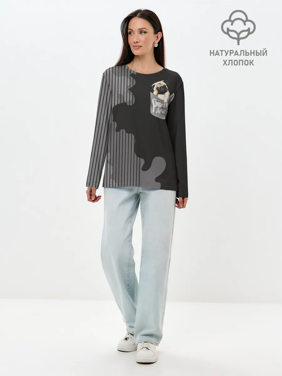 Лонгслив женский. Хлопок / Мопс в кармане
