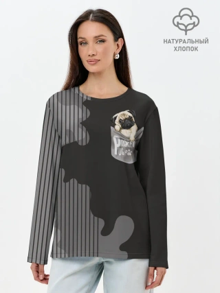 Лонгслив женский. Хлопок / Мопс в кармане
