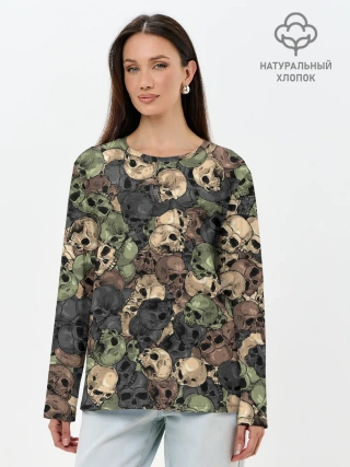 Лонгслив женский. Хлопок / Камуфляж с черепами