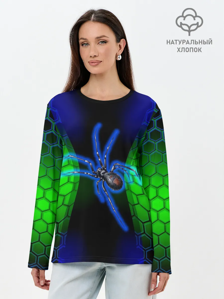 Лонгслив женский. Хлопок / Паук на ночной охоте