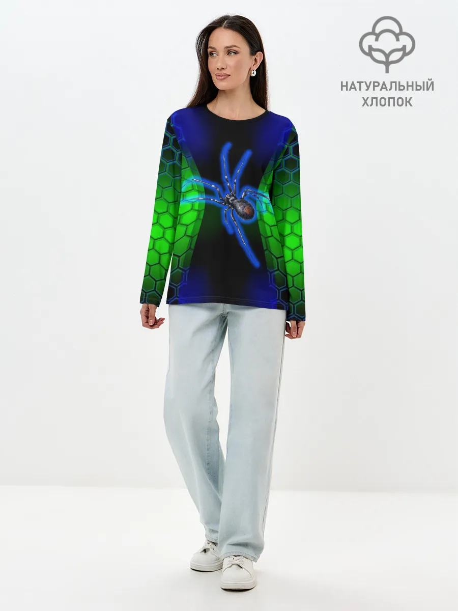 Лонгслив женский. Хлопок / Паук на ночной охоте
